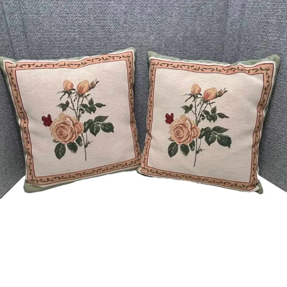 Pair of Vintage Rose Double-Sided Tapestry Pillows 13” x 13.5”